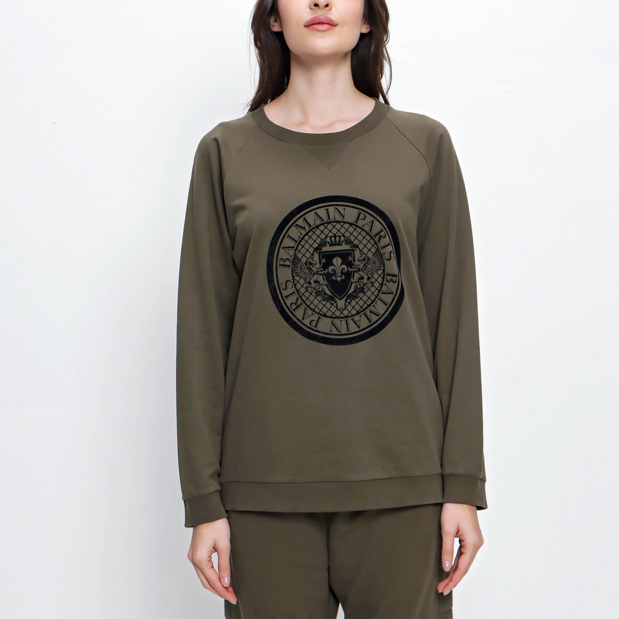 Balmain - Khaki Cotton Black Logo Print Sweatshirt and Sweatpants Set 